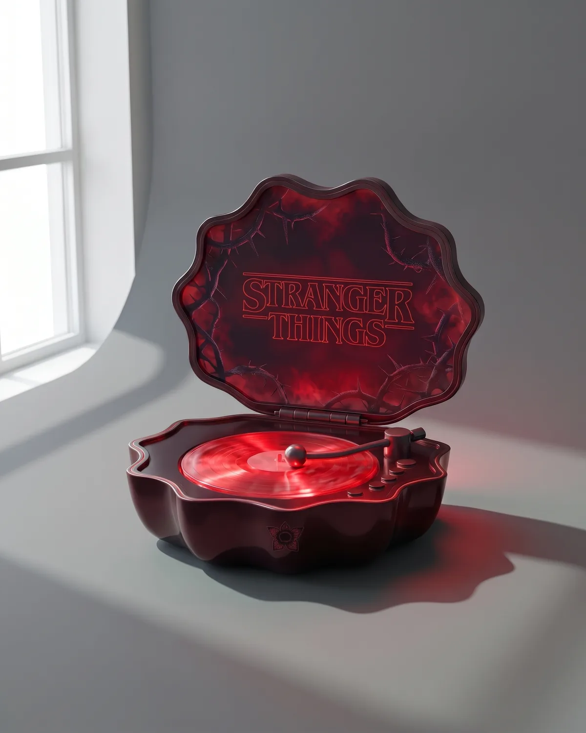 Upside Glow shell speaker open with its red glowing disc in a grey studio
